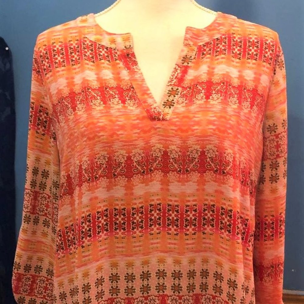 High Low Sheer Tunic Top ~ Long Adjustable Sleeves ~ Orange Brown Pink Print